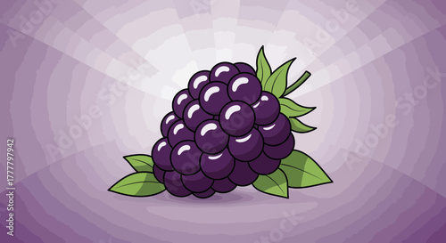 Vibrant Illustrated Juicy Blackberry with Green Leaves on a Purple Textured Backdrop