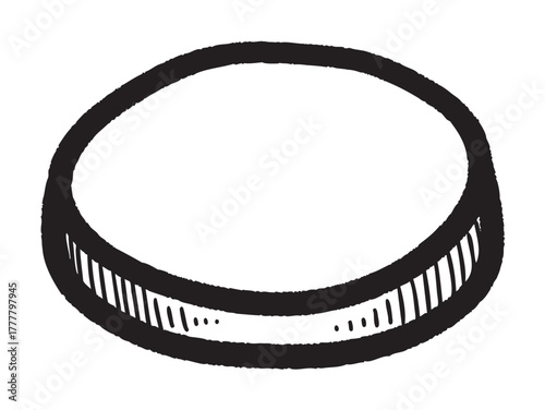 Black and white sketch of a cylindrical hockey puck with vertical line details on the side, viewed from an angle.