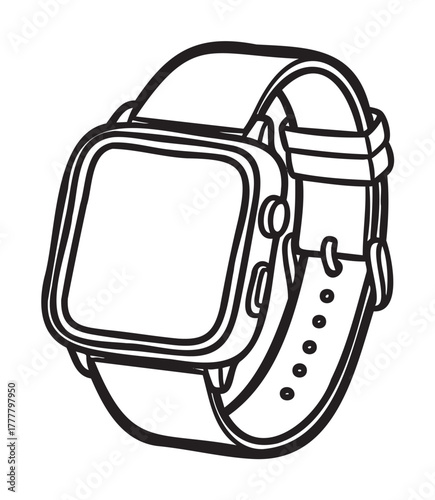 Black outline of a simple square smartwatch with a button and adjustable strap, illustrated in a minimalist linear style.