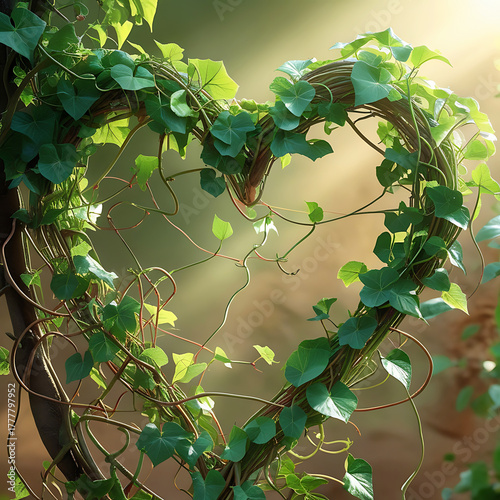Heart Shaped Wreath Of Green Ivy Vines With Sunlight Rays green leaves