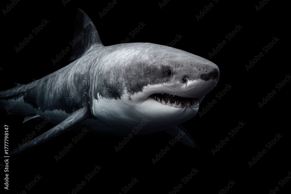 Fototapeta premium The great white shark swimming in deep ocean darkness.