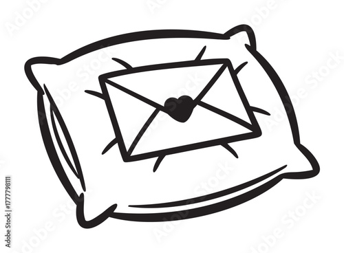 Black outline drawing of a fluffy pillow with an envelope featuring a heart seal resting on top, symbolizing comfort and affection.