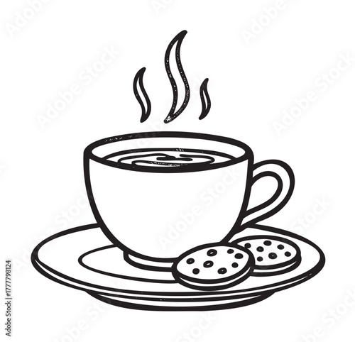 Black outline image of a steaming cup of coffee on a saucer with two cookies, depicting a cozy beverage scene.