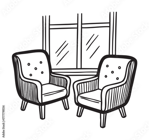 Black outline vector illustration of two cushioned armchairs in front of a window with simple linear details and buttons on the upholstery.
