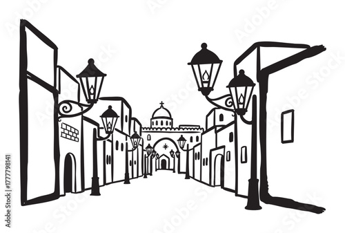 Black outline drawing of a traditional narrow street with vintage street lamps and historical buildings featuring an archway and a dome.