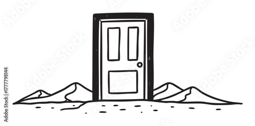 Black outline drawing of a closed door standing alone amidst a barren landscape of mountains and scattered rocks.