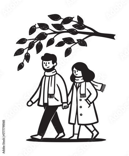 Cartoon illustration of a couple walking under a tree branch with leaves, both wearing coats and scarves, depicting a leisurely autumn stroll.