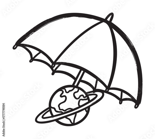 Black outline vector icon of an umbrella protecting a globe with a ring, symbolizing global safety and environmental conservation.