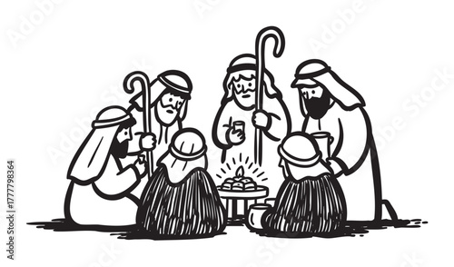 Illustration of six middle eastern men in traditional attire gathered around a small table with bread, holding shepherd's staffs.