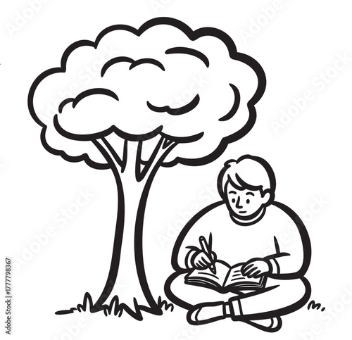 Black outline drawing of a young caucasian male sitting under a tree, writing in a notebook with a pen, capturing a peaceful outdoor moment.