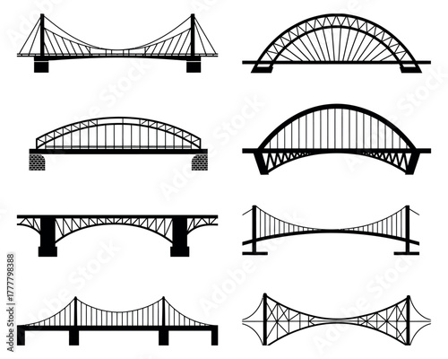 Various types of bridges black silhouettes.