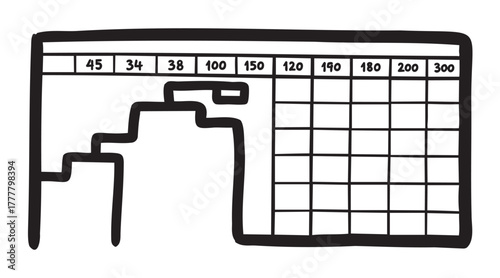 Hand-drawn black outline staircase line graph with labeled boxes containing numerical values, indicating progression or data sequence.