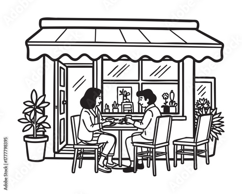 Two people casually seated at an outdoor cafe, engaged in conversation while enjoying a meal, with potted plants around them.