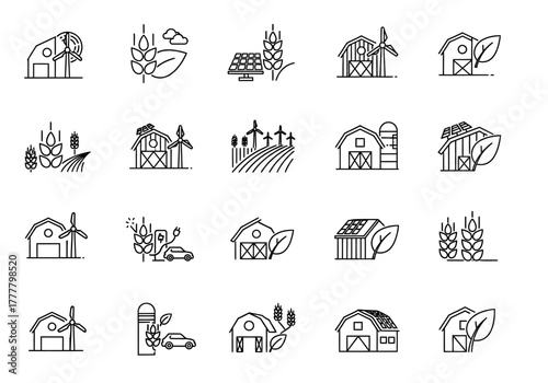 Collection of Sustainable Agriculture and Renewable Energy Icons in Outline Style.