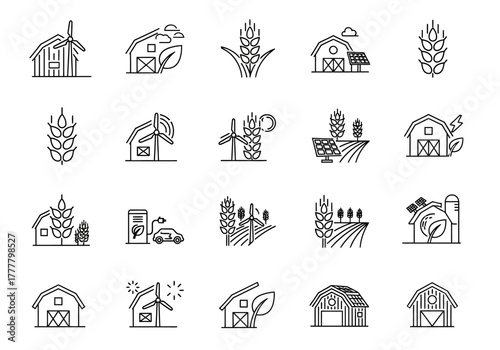 Collection of Sustainable Agriculture and Renewable Energy Line Icons.