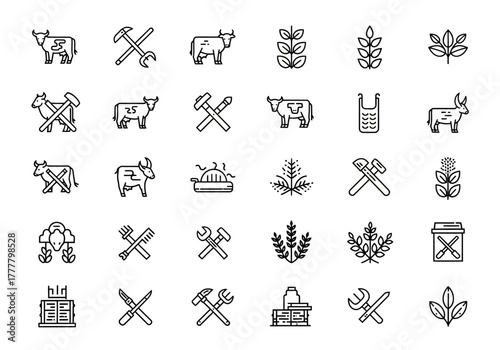 Agriculture and Farming Icon Set: Black Outline Symbols of Livestock Crops and Tools.