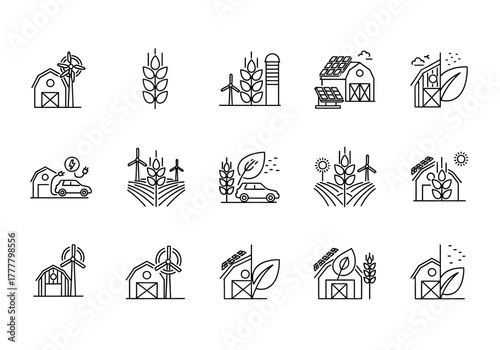 Sustainable Agriculture and Renewable Energy Icons: Farm Wind Turbine Solar Panels Electric Car.