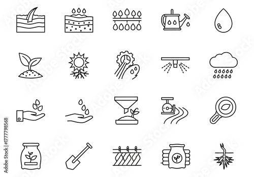 Black and White Outline Icons Depicting Agriculture and Irrigation Concepts.