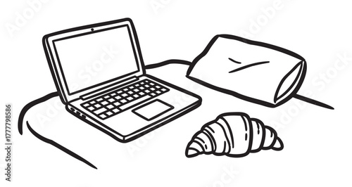 Black outline drawing of a laptop, a croissant, and a pillow on a bed, depicting a cozy work-from-home setup.