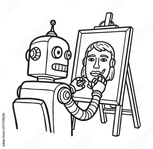 A robot sitting at an easel draws a portrait of a person with detailed facial features, showcasing artistic abilities.