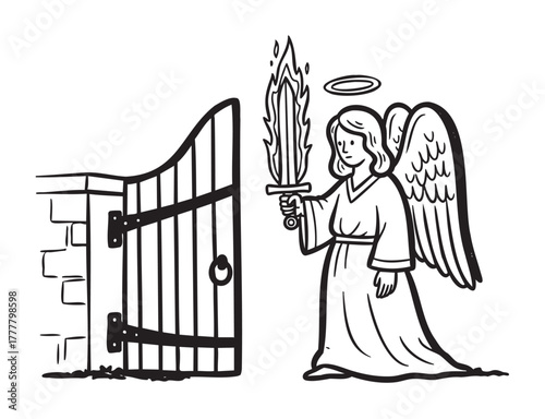 Black and white illustration of a female angel holding a flaming sword, with a halo above her head, standing beside an open gate.