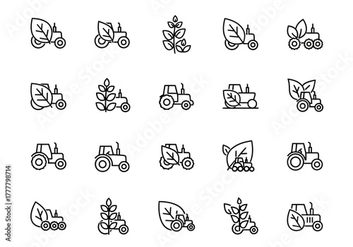 Collection of Black and White Tractor Icons with Plant Elements.