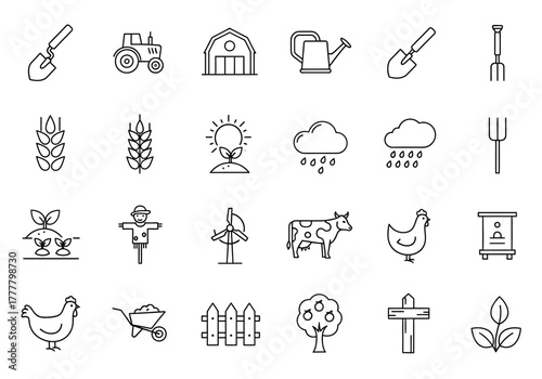 Farm and Agriculture Outline Icon Set: Tools Animals and Crops.