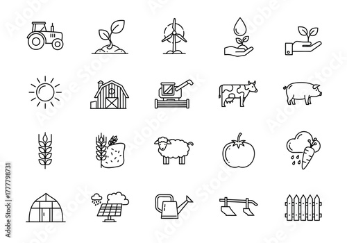 Agriculture and Farming Icon Set: Tractor Crops Animals and Tools in Line Art.