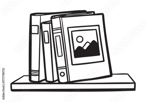 Black and white sketch of three books and an album standing upright on a small wooden shelf.