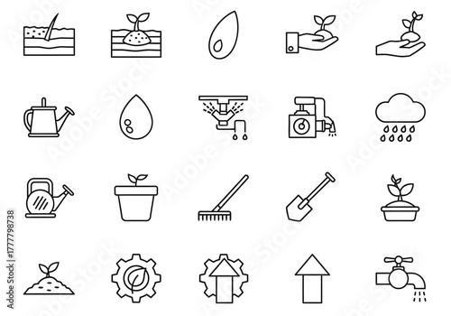 Black and White Outline Icons Representing Gardening Growth and Environmental Concepts.