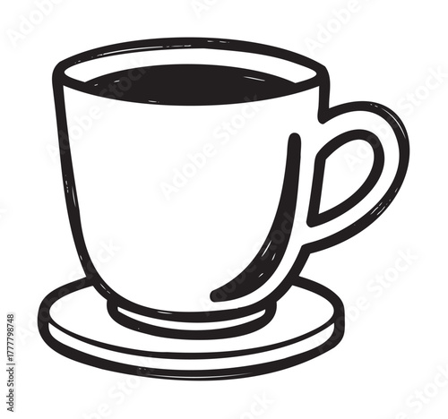 Black outline drawing of a simple coffee cup and saucer, suitable for beverage, home, and kitchen concepts.