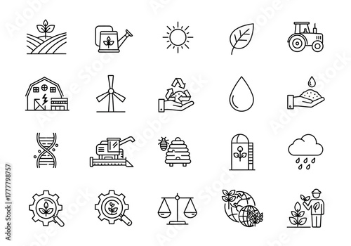 Agriculture and Farming Icon Set in Black and White Outline Style.