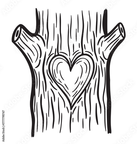 Black outline drawing of a tree trunk with a heart symbol carved in the center. simple illustration for love, nature, and rustic designs.