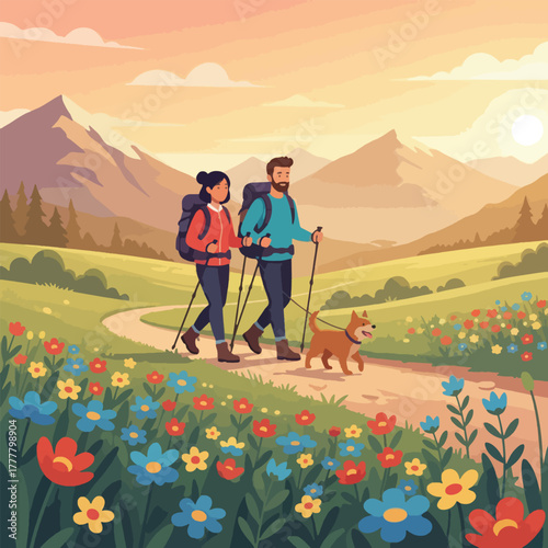 A couple and their dog hiking on a winding path through a vibrant field of wildflowers with majestic mountains in the background at sunset.