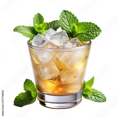 Refreshing mint julep cocktail isolated on transparent background, a classic drink with bourbon, sugar, and mint