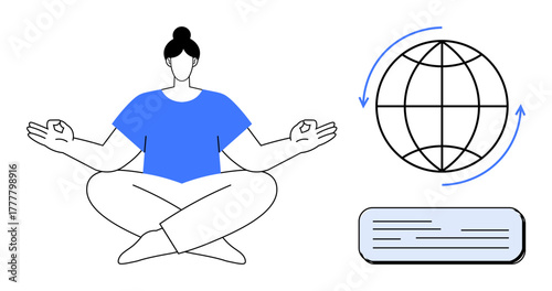 Person meditating in lotus position, globe with circular arrows, and open book. Ideal for mindfulness, global learning, self-improvement, education, peace balance introspection. Simple flat