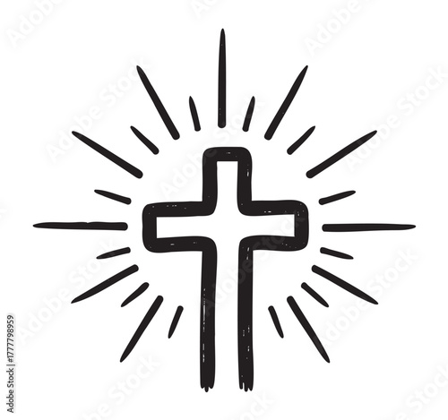 Black outline icon of a cross with radiating lines, symbolizing faith and spirituality in a minimalistic design.