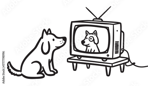 Black and white illustration of a dog watching another dog on a vintage television set, highlighting an amusing scene of animal fascination.