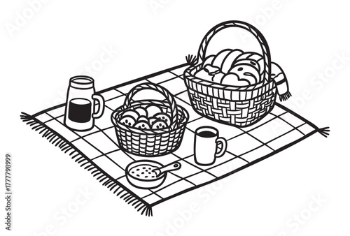 Black and white drawing of a picnic setup featuring two wicker baskets filled with bread and fruit on a checkered blanket, alongside a cup, jug, and a bowl.