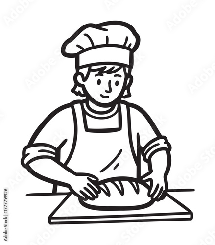 Black and white outline illustration of a young male baker in a chef hat shaping bread dough on a wooden board.