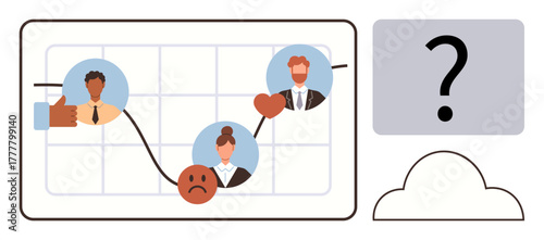 Graph with fluctuating data, human avatars, varied expressions, thumbs-up, heart, sad face, question mark. Ideal for emotion tracking, feedback loops data analysis customer journey