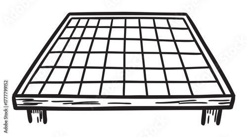 Hand-drawn black outline illustration of a basic rectangular ping pong table with a grid pattern on the surface.