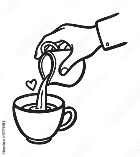 Black and white outline of a hand pouring milk from a small pitcher into a cup with a heart detail, illustrating a coffee or tea preparation concept.
