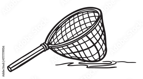 Black outline drawing of a simple handheld fishing net with a mesh basket and a straight handle. minimal design ideal for fishing and aquatic themes.