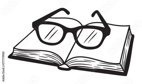 A pair of black-rimmed eyeglasses resting on an open book, suggesting themes of reading, literacy, and knowledge.
