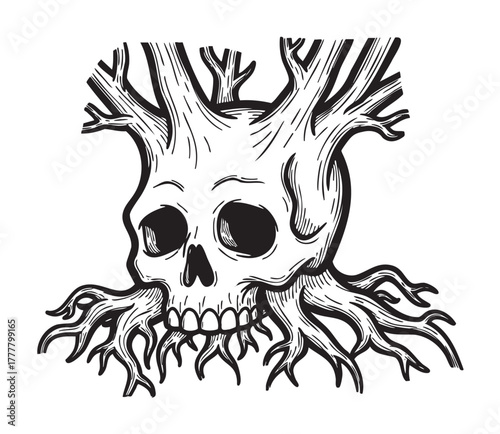 Black and white illustration of a human skull with branching roots and branches emerging from the top, combining natural and skeletal elements in a detailed design.