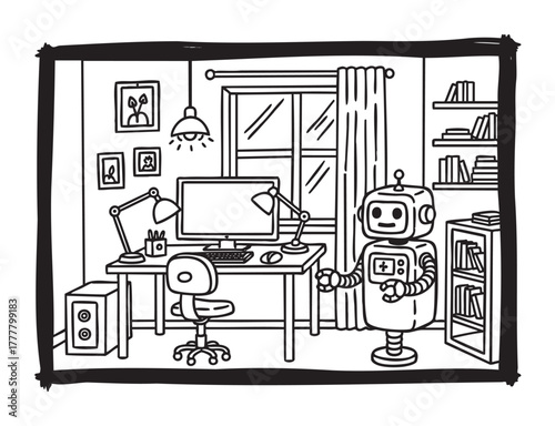 Black and white illustration of a retro-styled robot in a cozy study with a computer desk, window, and bookshelves.