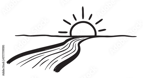 Black outline drawing of a sunrise over the horizon with radiant lines and a winding path leading towards the sun.