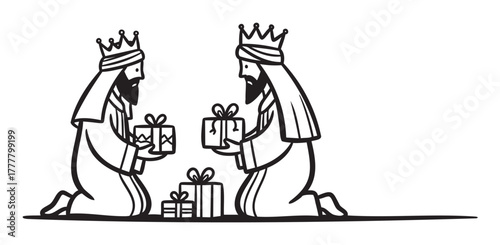 Two bearded male figures wearing crowns and robes kneeling, presenting and receiving gift boxes, signifying a historical or religious scene.