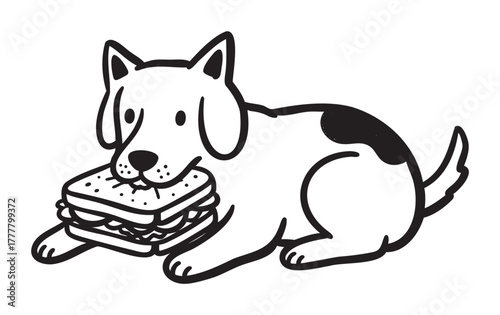 Black and white cartoon illustration of a dog with a sandwich in its mouth, showcasing playful and humorous characteristics.